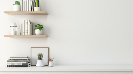 A white wall with a shelf and a picture frame