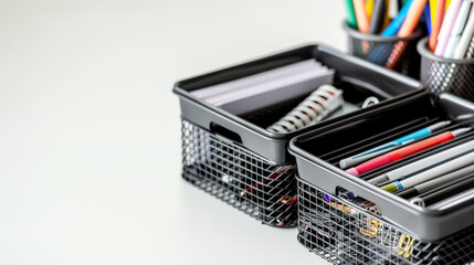 A black basket with pens and pencils sits on a white table