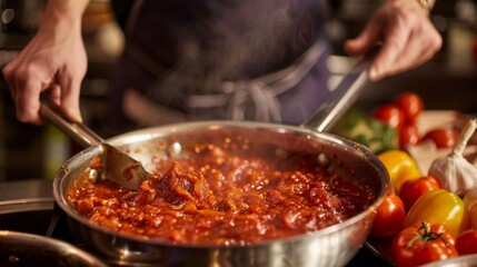 A chef stirring a bubbling pot of tomato sauce on a stovetop, creating a rich and flavorful base