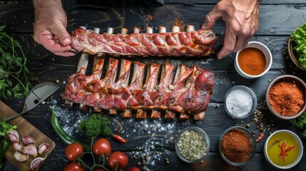 A chef seasoning pork spare ribs with a rub mixture before grilling, with ingredients neatly arranged on a table
