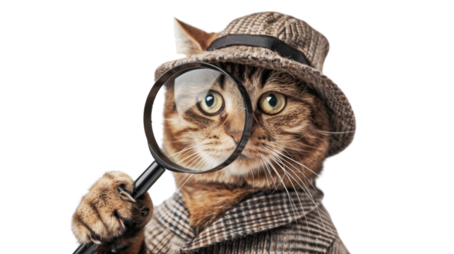 Cat detective, with glass and hat