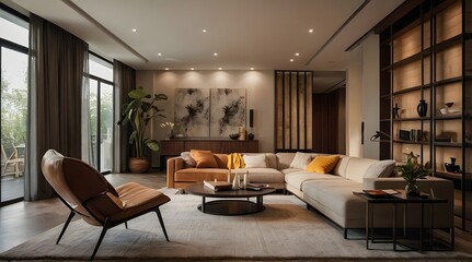 modern and minimal living room interior design, contemporary interior design, 3D render, cinematic lighting, A cozy living room with soft sofas, warm lighting and decorative elements such as cushions 