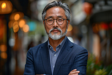 Distinguished Elderly Asian Man in a Suit Standing Confidently on a City Street