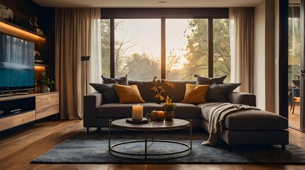 Fototapeta premium modern and minimal living room interior design, contemporary interior design, 3D render, cinematic lighting, A cozy living room with soft sofas, warm lighting and decorative elements such as cushions 