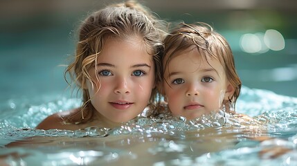 Sister and Brother Swimming Together in Pool, Smiling at Camera