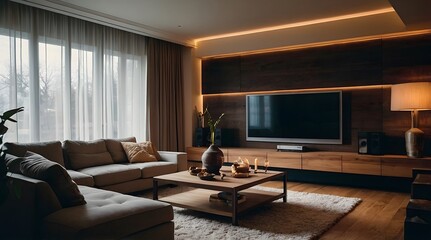 modern and minimal living room interior design, contemporary interior design, 3D render, cinematic lighting, A cozy living room with soft sofas, warm lighting and decorative elements such as cushions 