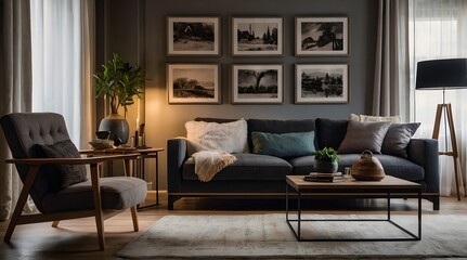 modern and minimal living room interior design, contemporary interior design, 3D render, cinematic lighting, A cozy living room with soft sofas, warm lighting and decorative elements such as cushions 