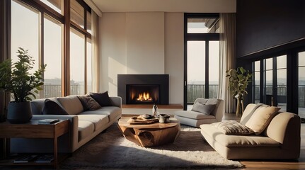 Fototapeta premium modern and minimal living room interior design, contemporary interior design, 3D render, cinematic lighting, A cozy living room with soft sofas, warm lighting and decorative elements such as cushions 