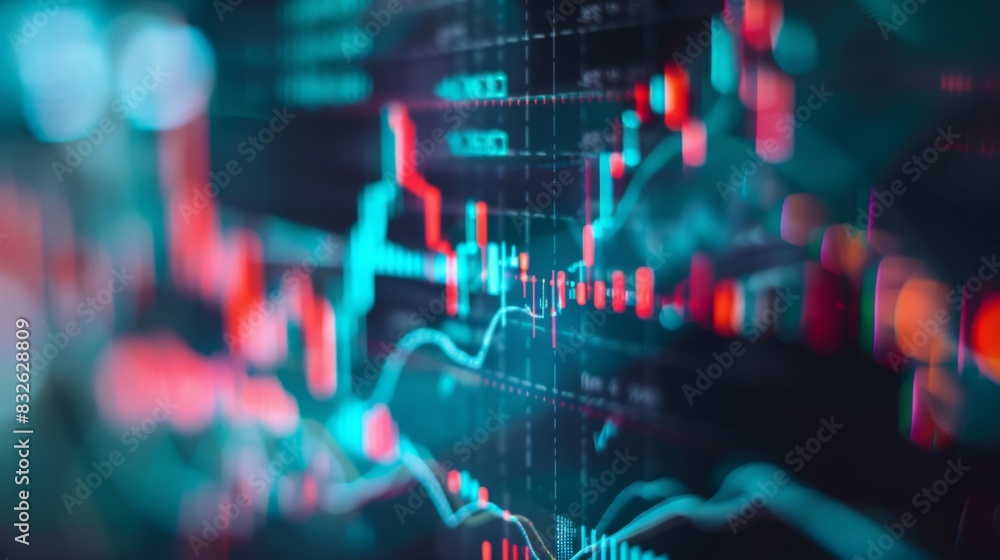 Poster a close-up of a computer screen showing a stock market graph with fluctuating lines and data points