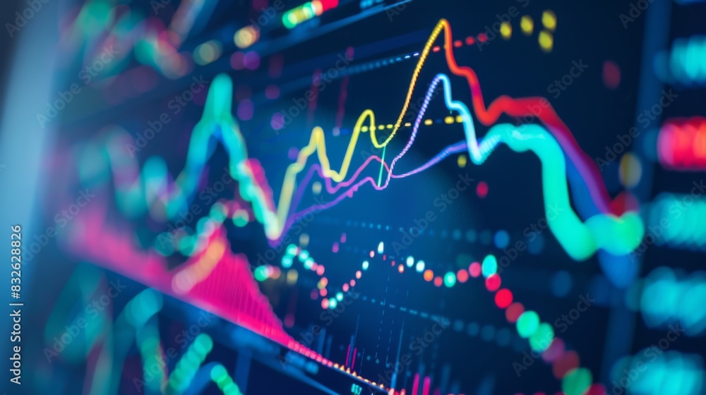 Fototapete A close-up of a computer screen showing a stock market graph with fluctuating lines and data points
