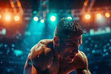 Intense Olympic Wrestler in Action Under Dramatic Arena Lights - Sports Photography Poster