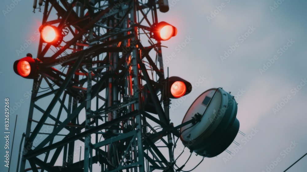 Poster a close-up of antennas and equipment on a telephone signal tower, transmitting signals to mobile dev