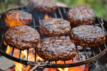 Juicy seasoned beef steak burgers on hot barbecue grill over flames