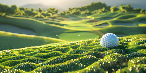 A golf ball sits on a grassy hill with a beautiful golf course in the background - Powered by Adobe