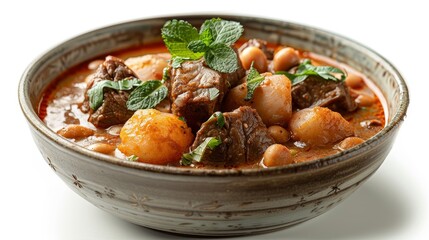 A bowl of food with meat and vegetables in it