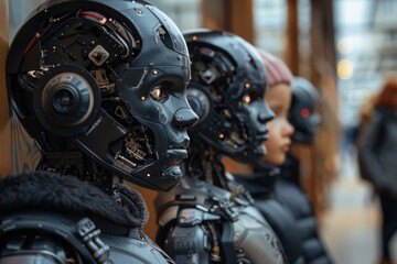 Fototapeta premium family of people and cyborg robots