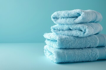 Stacked spa towels for shower on blue background