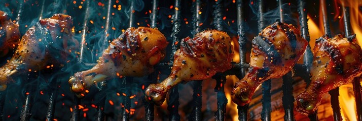 Grilled seasoned juicy chicken drumsticks over flame on a barbecue, top view