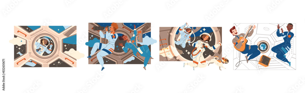 Poster man and woman astronaut character in outer space in spacesuit vector illustration set