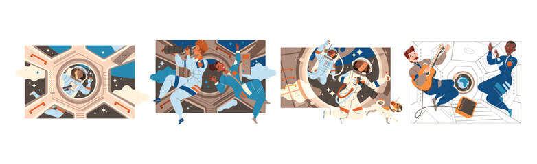 Man and Woman Astronaut Character in Outer Space in Spacesuit Vector Illustration Set