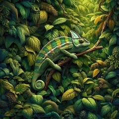 Fototapeta premium Master of Disguise: Vibrant Chameleon Camouflaging Among Lush Green Foliage in Dense Forest Habitat