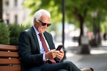 Elderly Businessman Using Smartphone Outdoors in Sunny Urban Park for Work or Social Media