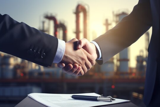 Business Agreement Sealed with Handshake at Oil Production Plant - Professional Contract Signing