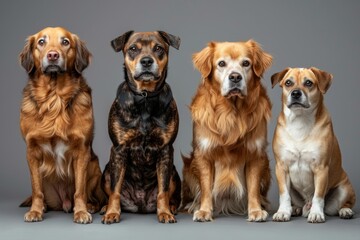 Group of happy dogs on gray background