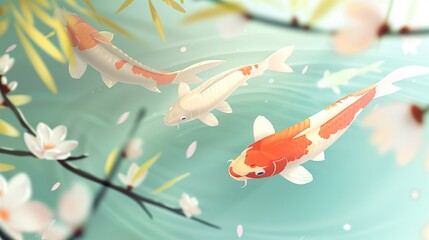 Fototapeta premium Abstract Japanese design with pastel colors, highlighting elegant koi fish swimming in a tranquil pond.