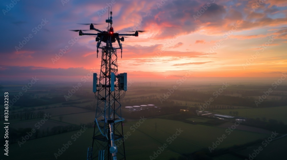Poster a drone photographing a telephone signal tower from above, capturing its towering presence