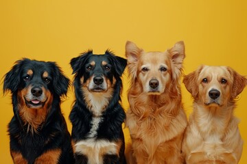 Dogs of different breeds on a yellow background