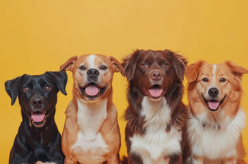 Dogs of different breeds on a yellow background