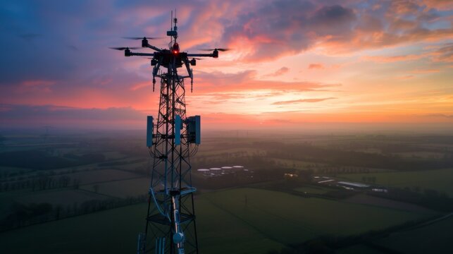 A drone photographing a telephone signal tower from above, capturing its towering presence