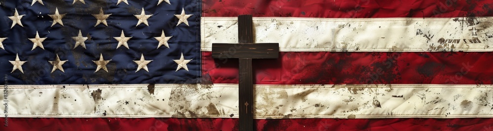 Poster a closeup of an american flag with a white background features a cross hanging from its center on on