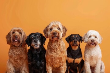 Group of funny dogs, puppies on a yellow background