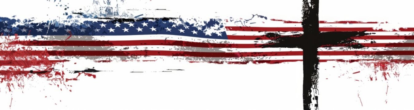 American flag with cross on white background The American flag is spread out and a small black metal Christian cross hangs from it Generative AI