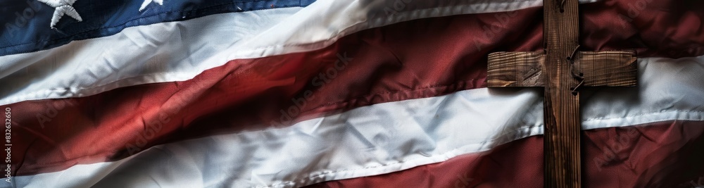 Poster a closeup of the american flag with stars and stripes on a white background, with a cross hanging fr
