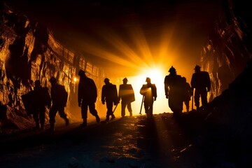 Fototapeta premium Silhouette of Miners Walking in a Cave with Helmets and Lights at Dawn - High Fidelity Photo
