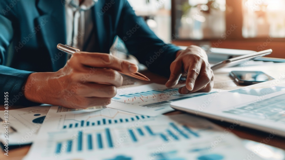 Poster A financial planner reviewing stock market performance with a client while pointing to a stock market graph on a paper report