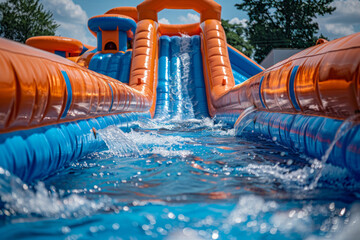 Inflatable colored water slide in the park