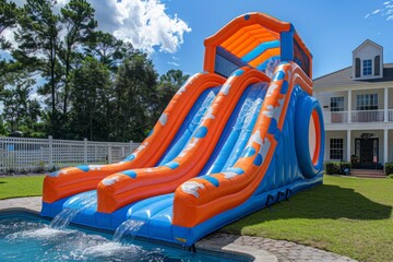 Inflatable colored water slide in the park