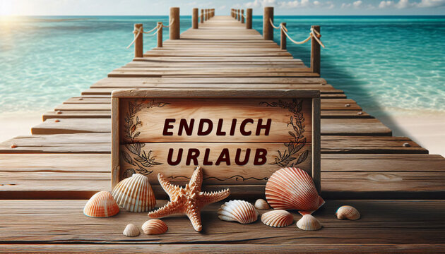 Vorlage Schild, mock up, Holzschild mit Seestern und Muscheln und dem Text "Endlich Urlaub"