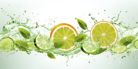 fresh citrus splash with orange, lime, and mint leaves in water on light background