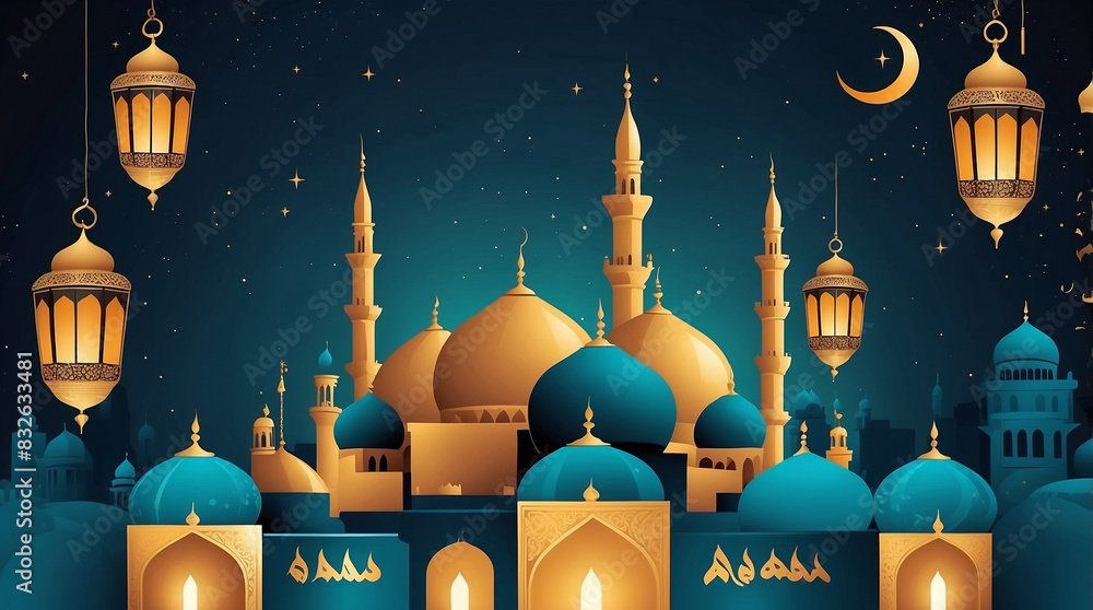 Wall mural eid al adha islamic background vector with mosque and lamp