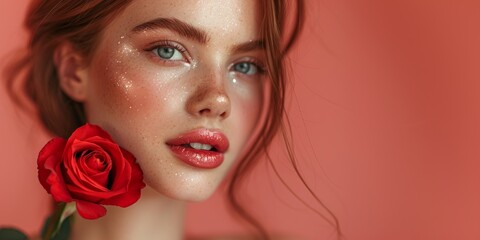 Beauty fashion portrait of a girl with a rose near her face