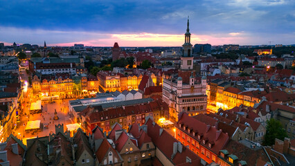 Naklejka premium aerial evening view of the city center of poznan in poland in spring