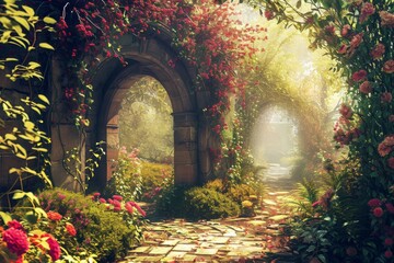 A beautiful secret fairytale garden with flower arches and colorful greenery. painting background, AI-generated