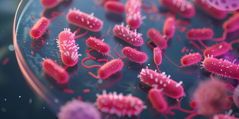 a group of pink bacteria on a purple background