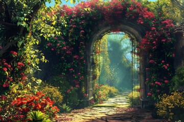 A beautiful secret fairytale garden with flower arches and colorful greenery. painting background, AI-generated
