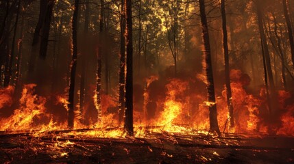 A forest engulfed in flames as wildfires rage, exacerbated by the dry conditions of global warming